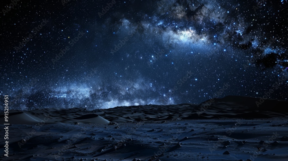 Dune landscape at night with starry sky, dark blue color scheme Dune landscape at night with starry sky, dark blue color scheme