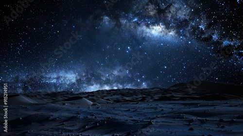 Dune landscape at night with starry sky, dark blue color scheme