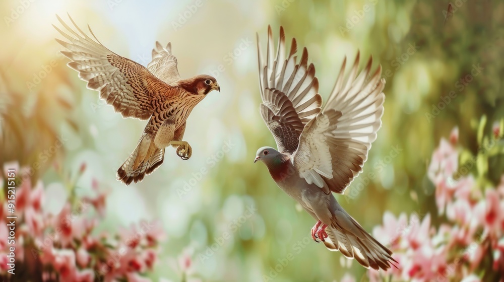 Obraz premium Hawk and Pigeon in Flight.