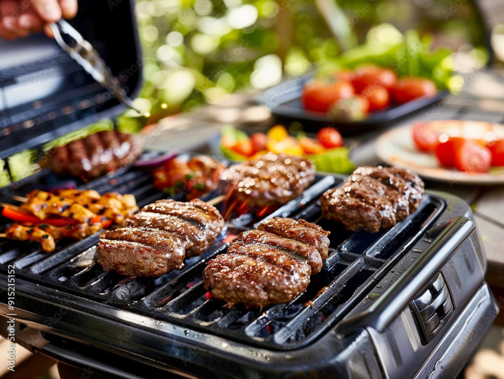 Grilling juicy beef patties and vegetables on an outdoor barbecue Grilling juicy beef patties and vegetables on an outdoor barbecue