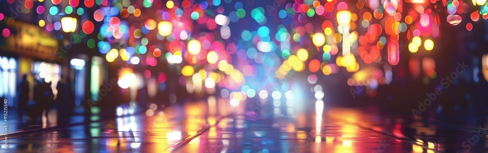 A blurry image of a city street at night, with colorful string lights strung overhead, reflecting in puddles on the wet pavement. The lights create a vibrant and festive atmosphere. A blurry image of a city street at night, with colorful string lights strung overhead, reflecting in puddles on the wet pavement. The lights create a vibrant and festive atmosphere.