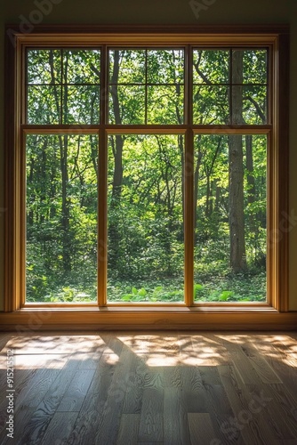 A window in a tranquil yoga studio, offering a view of a serene forest.  photo