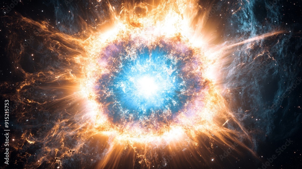 An orange and blue nebula in space, stardust, a giant explosion of stars An orange and blue nebula in space, stardust, a giant explosion of stars