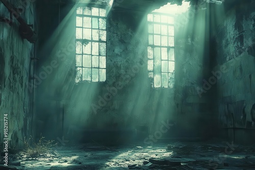 atmospheric horror scene of an abandoned industrial building with crumbling concrete walls rusted metal fixtures and eerie shadows perfect for a suspenseful halloween backdrop