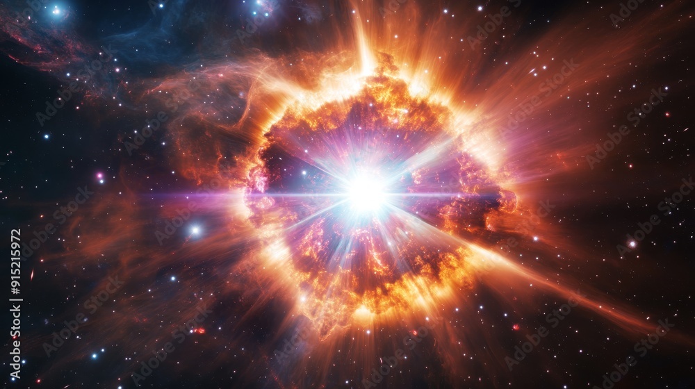 Fototapeta premium An exploding star in space, surrounded swirling nebulae and star