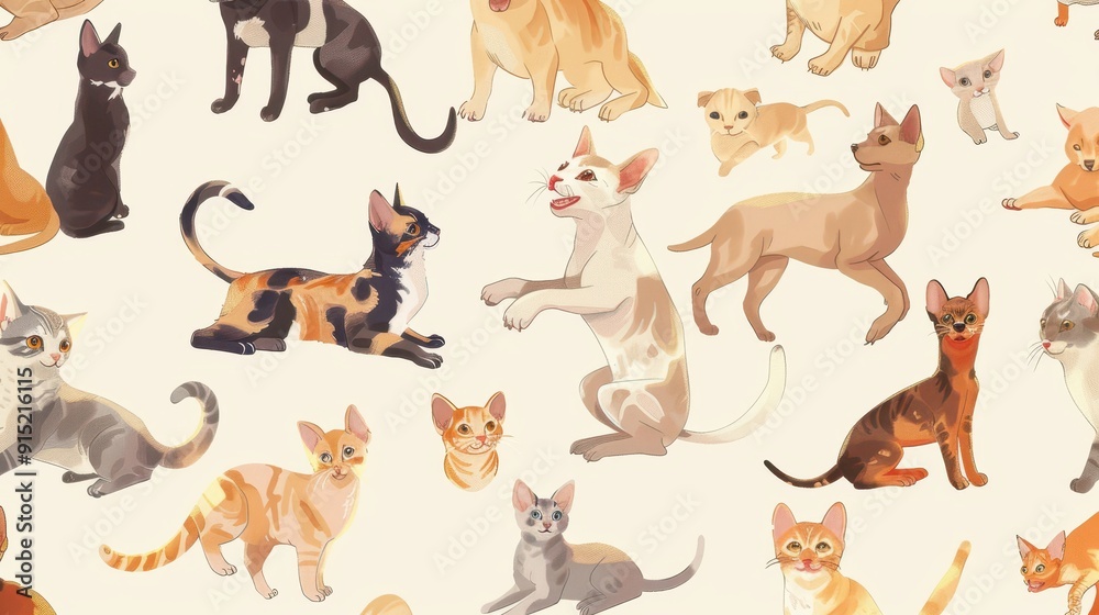 Naklejka premium Various illustrated cats and dogs are playfully arranged on a soft, light-colored background