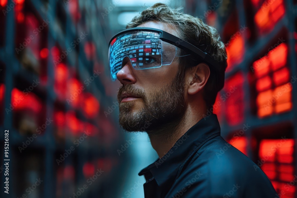 augmented reality warehouse management worker using smart glasses holographic package data streamlined logistics visuals augmented reality warehouse management worker using smart glasses holographic package data streamlined logistics visuals