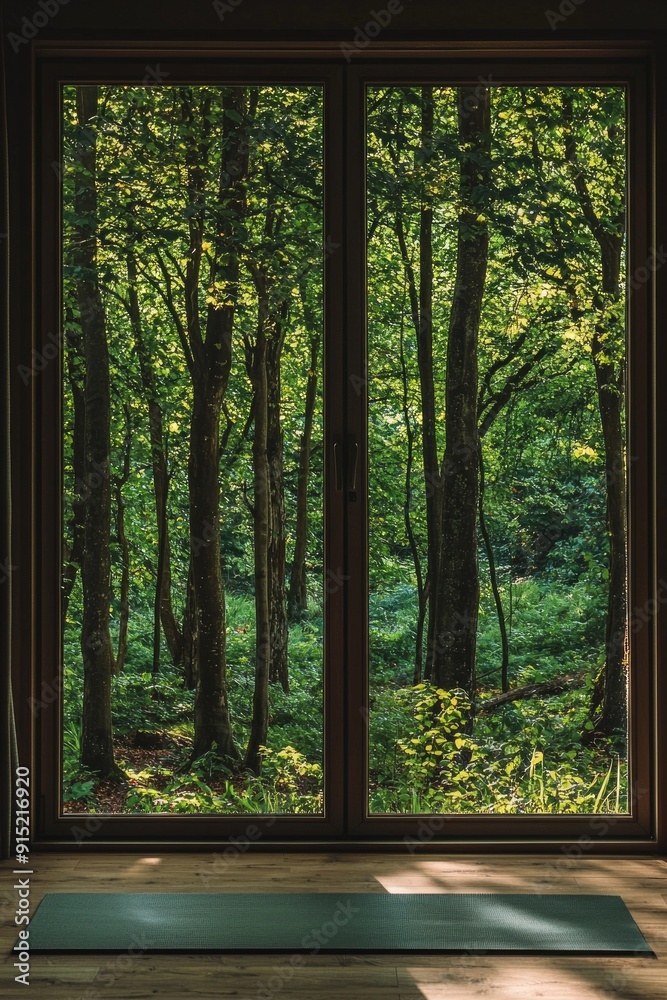 A window in a tranquil yoga studio, offering a view of a serene forest. A window in a tranquil yoga studio, offering a view of a serene forest.
