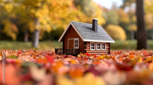 Cozy Wooden Cabin Among Vibrant Autumn Leaves in a Serene Forest During Autumn Season with Sunshine photo