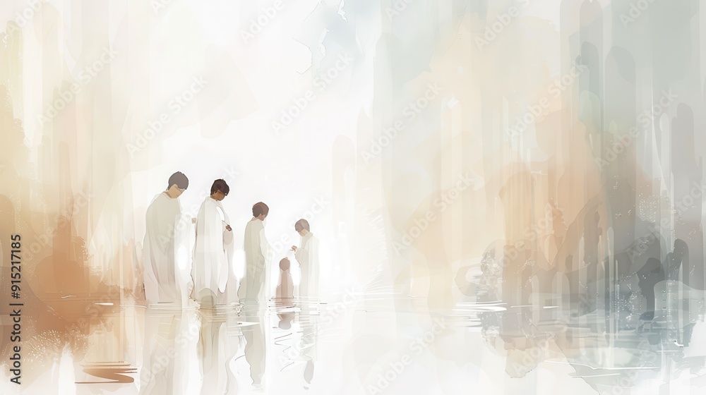 Fototapeta premium Watercolor Biblical Illustration of a Baptism Ceremony, Christian Sacred Rite and Purity, Water and Light, Beige Background, copyspace