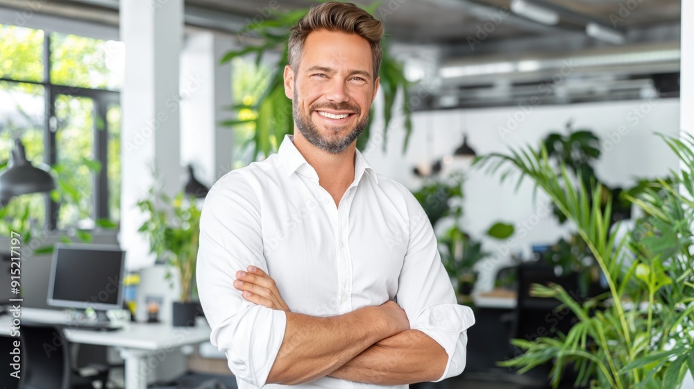A man with a confident smile stands with arms crossed in a vibrant office adorned with greenery and natural light, showcasing a welcoming and productive atmosphere A man with a confident smile stands with arms crossed in a vibrant office adorned with greenery and natural light, showcasing a welcoming and productive atmosphere