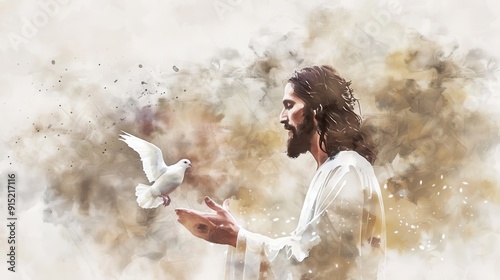 Watercolor Biblical Illustration of Jesus with a Dove, Peace and Faith, Beige Background, copyspace