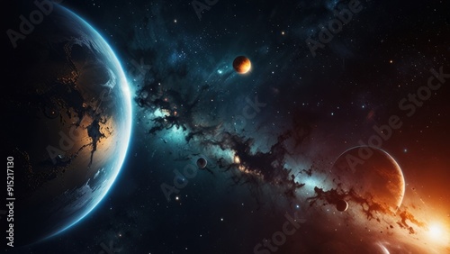 A colorful galaxy with a large planet in the foreground