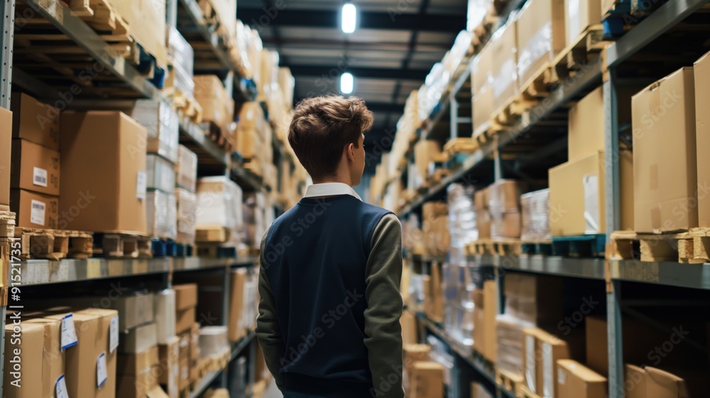 A young individual inspects stacked boxes in a bustling warehouse, surrounded by organized shelves and overhead lighting during the daytime A young individual inspects stacked boxes in a bustling warehouse, surrounded by organized shelves and overhead lighting during the daytime