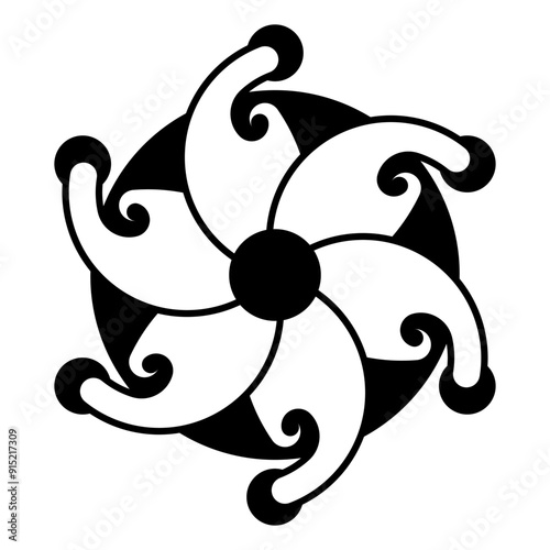 Six-pointed star, crop circle pattern. Structure in the shape of a pinwheel or a flower, with six petals, rotating counterclockwise. Modeled on a corn circle found in 2024 in Wiltshire. Illustration.