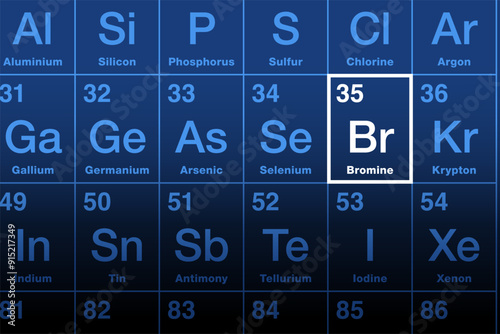 Bromine element on the periodic table with element symbol Br and with the atomic number 35. The name is derived from Ancient Greek bromos, meaning stench, referring to its sharp and pungent smell.