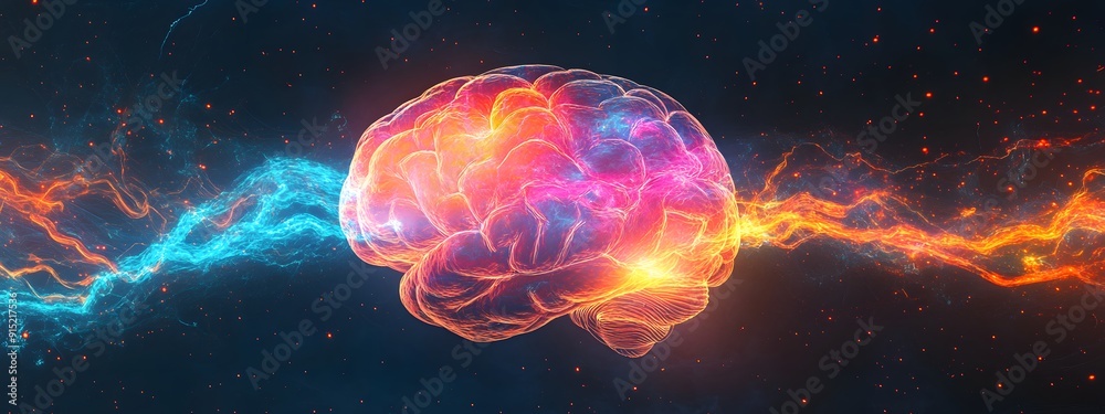 A human brain with colorful lightning and energy flowing through it, set against a dark background A human brain with colorful lightning and energy flowing through it, set against a dark background