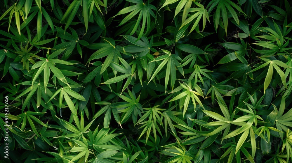 A close-up view of a dense thicket of bamboo leaves, bathed in the warm light of the sun. The leaves are a vibrant green, with some showing a darker, almost emerald, hue. The sunlight creates a dapple A close-up view of a dense thicket of bamboo leaves, bathed in the warm light of the sun. The leaves are a vibrant green, with some showing a darker, almost emerald, hue. The sunlight creates a dapple
