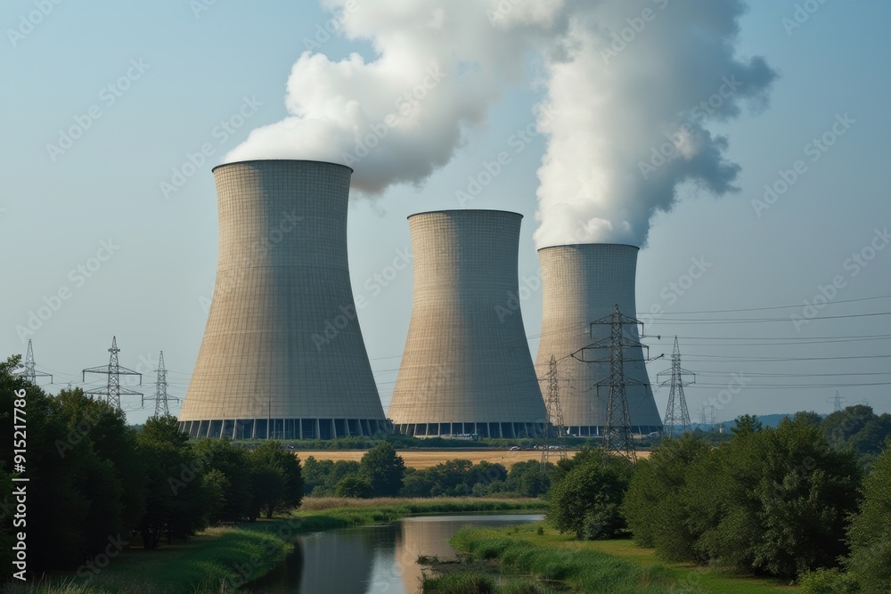 Nuclear power plant with smoke. Generative AI Nuclear power plant with smoke. Generative AI