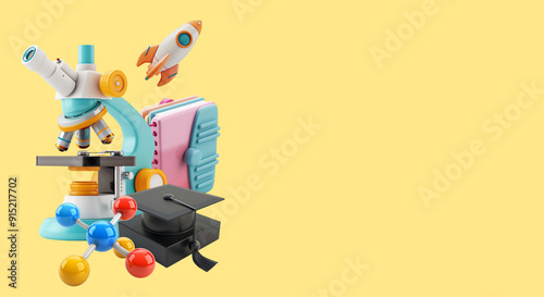 Science 3d elements on isolated background. 3d microscope, notebook, chemical compound, graduate cap and rocket. The concept of education and science 3d.