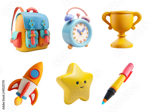 School and education icons 3d render png set..Backpack, alarm clock, winner's cup, star, pen, rocket.
