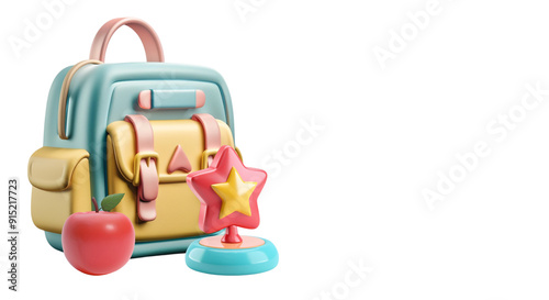 Back to the glass 3d banner png. 3d school backpack, award and apple on transparent background. Concept of school and academic year.