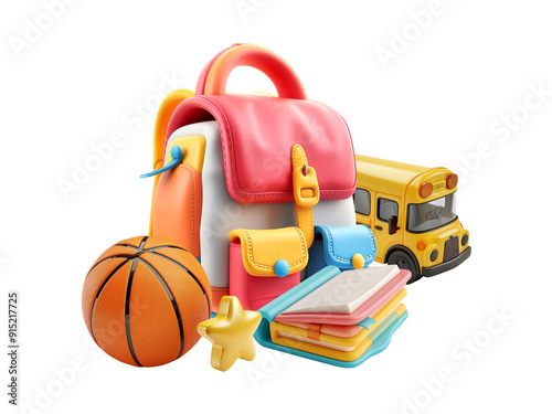 Back to school 3d elements png. 3d school backpack, toy school bus, basketball, notebook and toy star. 3d school elements png.