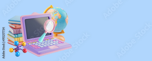 Time to school banner design. 3D realistic laptop, stack of books, magnifying glass, globe and chemical compound. The concept of school education. Back to school 3d elements.