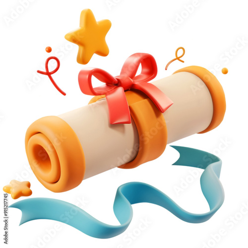 3D diploma with festive confetti png.3d certificate or award icon with stamp and ribbon bow quality concept.