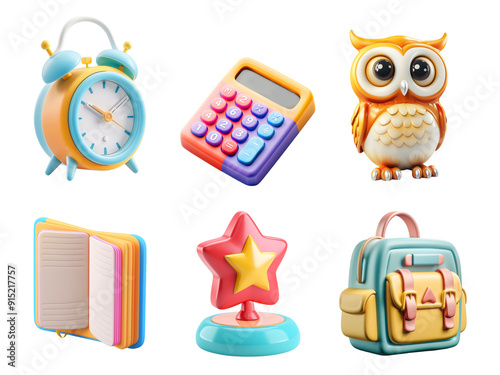 Set of 3d school objects png. A cute owl, a school bag, a calculator, a notebook, a juddler and an award. 3d school elements.