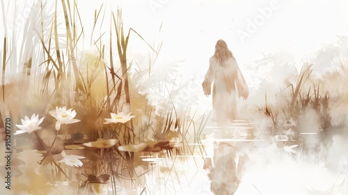 Watercolor Biblical Illustration of Jesus Walking Among Lilies, Purity and Faith, Beige Background, copyspace