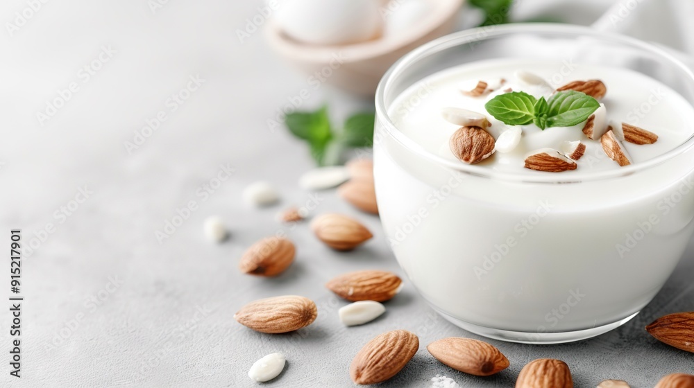A glass of yogurt topped with almonds and a green leaf A glass of yogurt topped with almonds and a green leaf