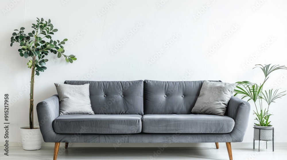 Fototapeta premium Chic gray couch by white wall