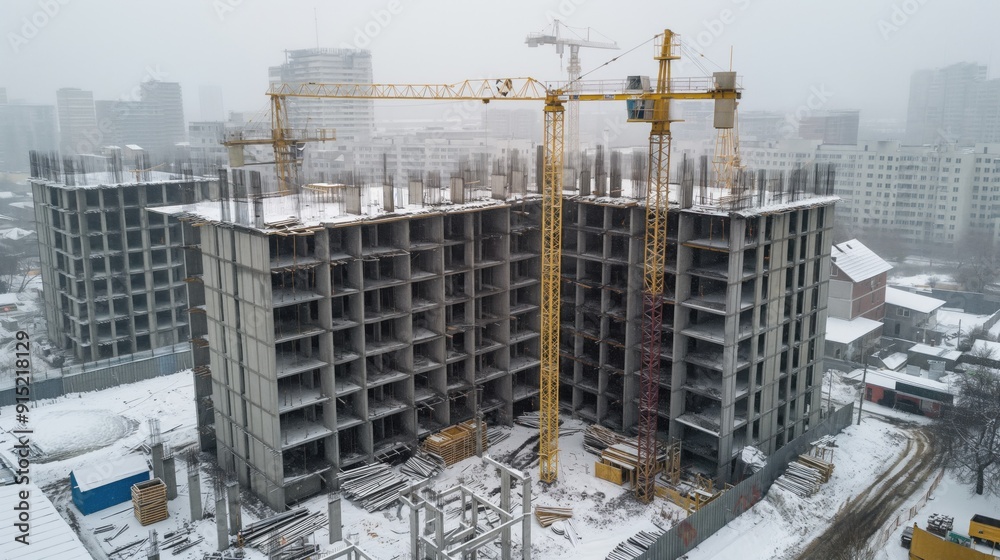 Workers manage cranes and materials at a high-rise construction site, surrounded by snow and city buildings on a cold winter day Workers manage cranes and materials at a high-rise construction site, surrounded by snow and city buildings on a cold winter day