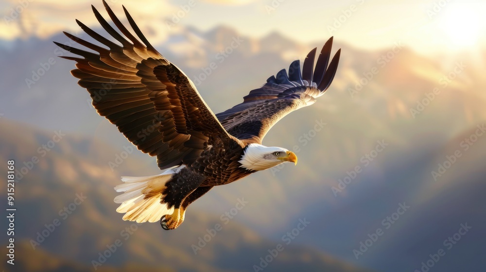 Bald Eagle in Flight, Majestic Bird Soaring High Above the Mountains. Bald Eagle in Flight, Majestic Bird Soaring High Above the Mountains.