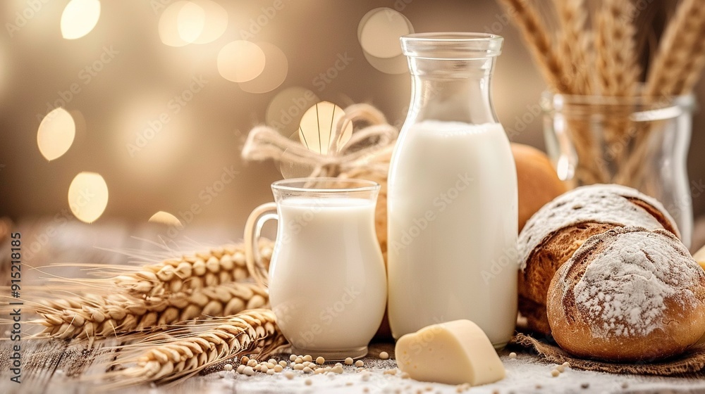 A glass of milk, bottle of milk, loaf of bread, and glass of milk on table A glass of milk, bottle of milk, loaf of bread, and glass of milk on table