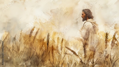 Watercolor Biblical Illustration of Jesus in a Field of Wheat, Harvest and Faith, Beige Background, copyspace