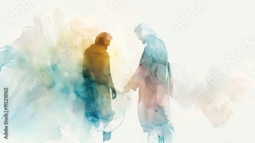Watercolor Biblical Illustration of Jesus and the Prodigal Son, Redemption and Faith, Beige Background, copyspace