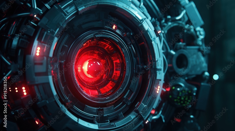 A complex cybernetic core glows with striking red lights, set within a technologically advanced surroundings that suggest a high-tech atmosphere A complex cybernetic core glows with striking red lights, set within a technologically advanced surroundings that suggest a high-tech atmosphere