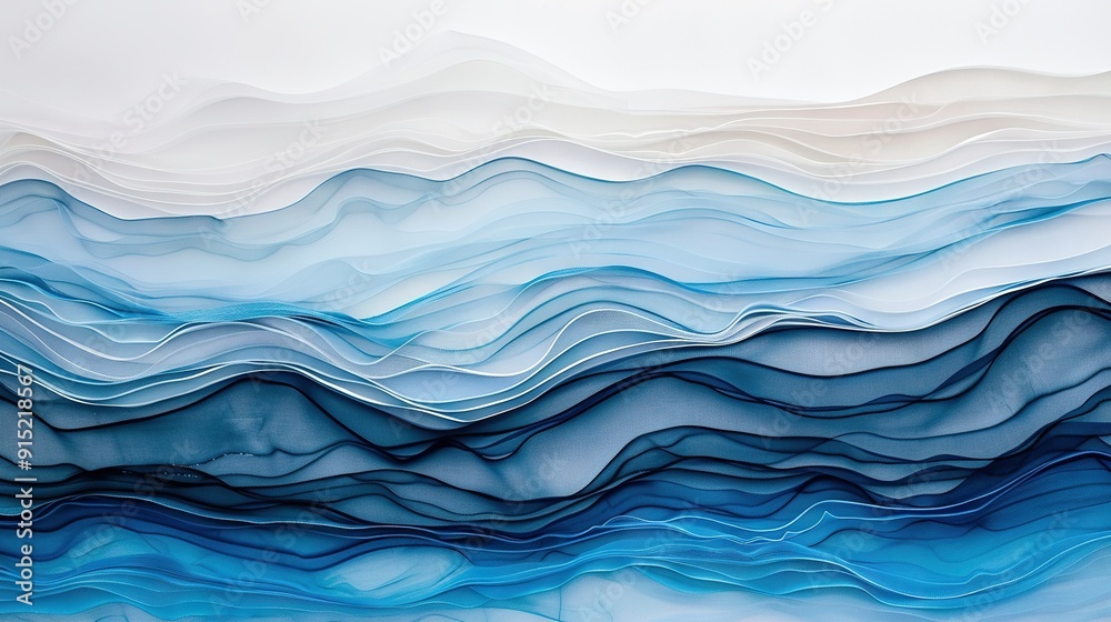 Blue and white paper wave art with white sky backdrop Blue and white paper wave art with white sky backdrop