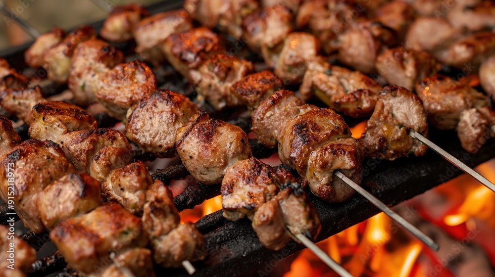 Tender pieces of marinated meat are grilled on skewers over hot flames, creating a delicious aroma during a lively outdoor gathering Tender pieces of marinated meat are grilled on skewers over hot flames, creating a delicious aroma during a lively outdoor gathering