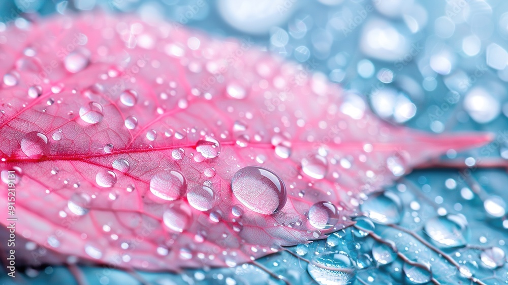 Pink and blue umbrella with water droplets and pink leaf Pink and blue umbrella with water droplets and pink leaf
