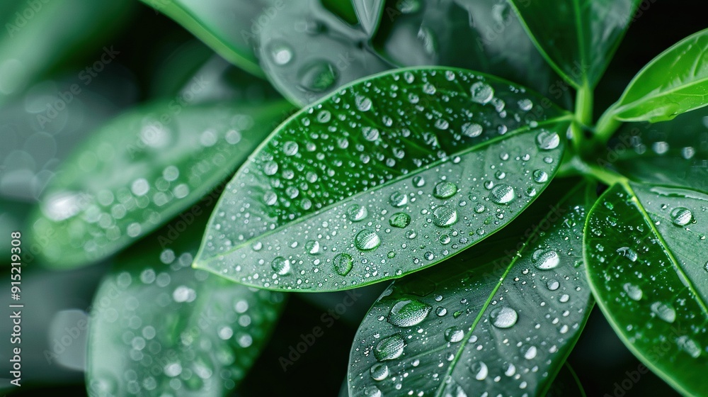 A close-up image displays a lush green plant adorned with sparkling water droplets on its foreground leaves A close-up image displays a lush green plant adorned with sparkling water droplets on its foreground leaves