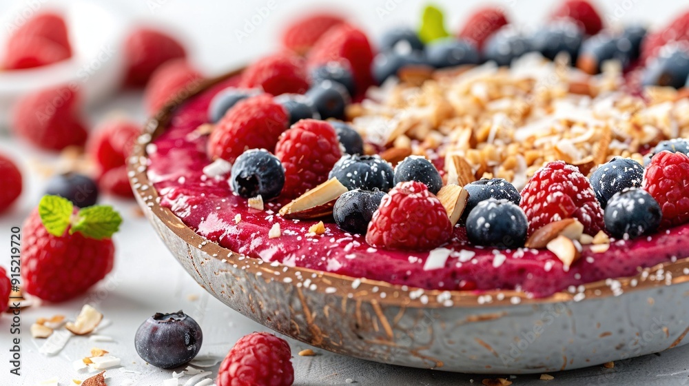 A close-up photo of a bowl containing mixed berries alongside granola, placed on a table A close-up photo of a bowl containing mixed berries alongside granola, placed on a table