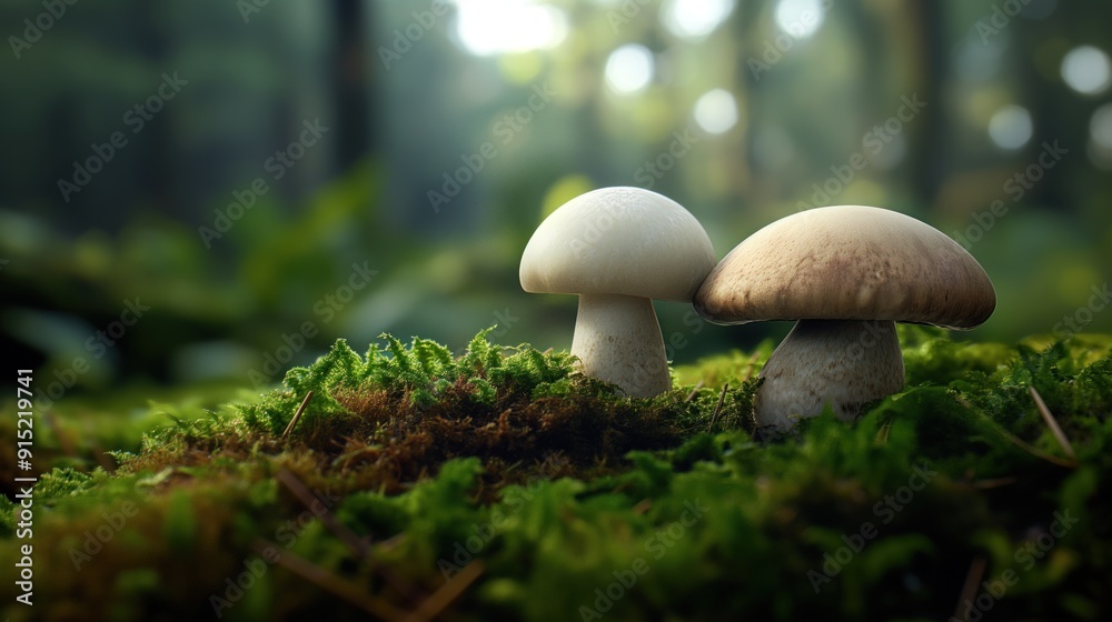 Two mushrooms stand tall amidst lush green moss, surrounded by a serene forest, with sunlight filtering through the dense canopy above Two mushrooms stand tall amidst lush green moss, surrounded by a serene forest, with sunlight filtering through the dense canopy above