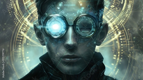 A young character wears high-tech glasses, displaying digital information and holographic data against a futuristic backdrop filled with glowing circuits