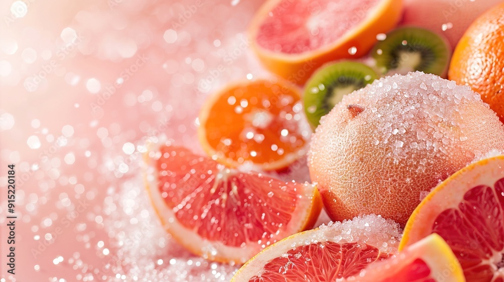Grapefruits, oranges, and kiwis sit on a pink surface speckled with white Grapefruits, oranges, and kiwis sit on a pink surface speckled with white