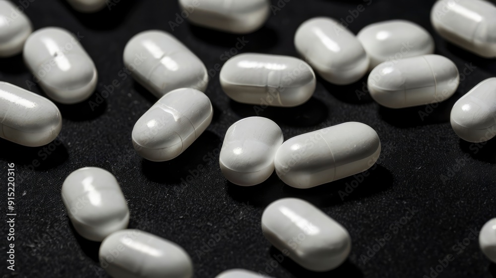 Black background with white pills in motion Black background with white pills in motion