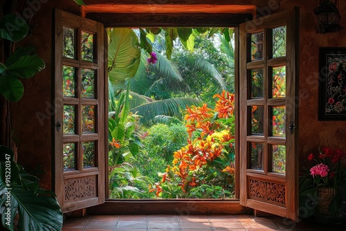 A window in an exotic tropical villa, framing a view of lush greenery and colorful flowers.  photo