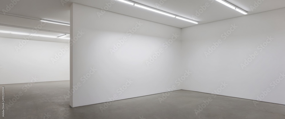 A minimalist empty gallery space with white walls and modern lighting, perfect for exhibitions and artistic displays